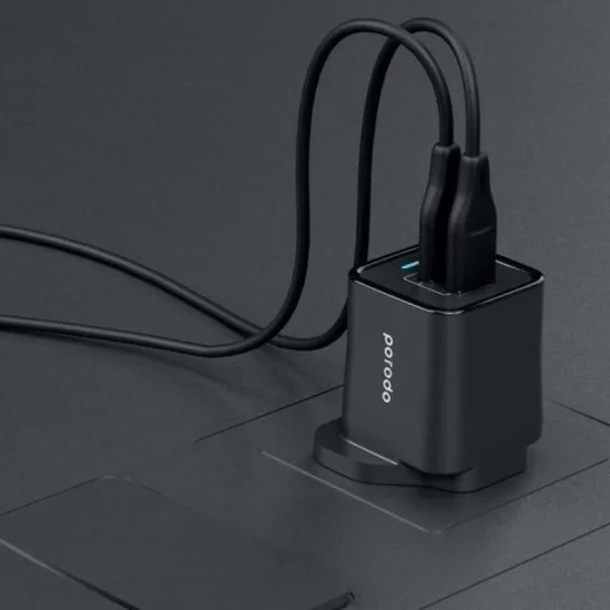 Porodo Dual USB Wall Charger 2.4A UK with PVC Lightning Cable 1.2m - Black